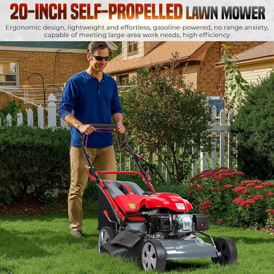 Lawn Mower, 20-Inch Self Propelled Gas Lawn Mower, 173Cc Gas Engine Push Mower with 60L Grass Tank, 7 Height Adjustment, Mulchin