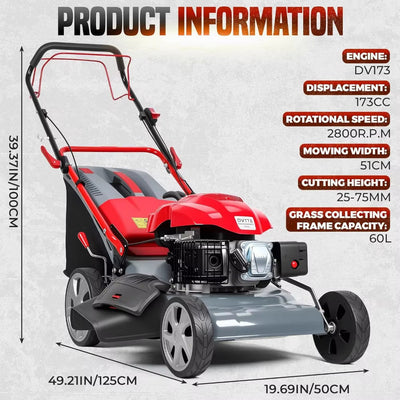 Lawn Mower, 20-Inch Self Propelled Gas Lawn Mower, 173Cc Gas Engine Push Mower with 60L Grass Tank, 7 Height Adjustment, Mulchin