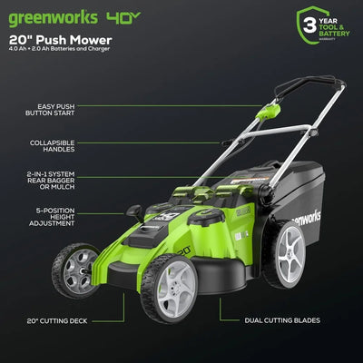 40V 20" Twin Blade Mower, 4.0Ah + 2.0Ah Battery